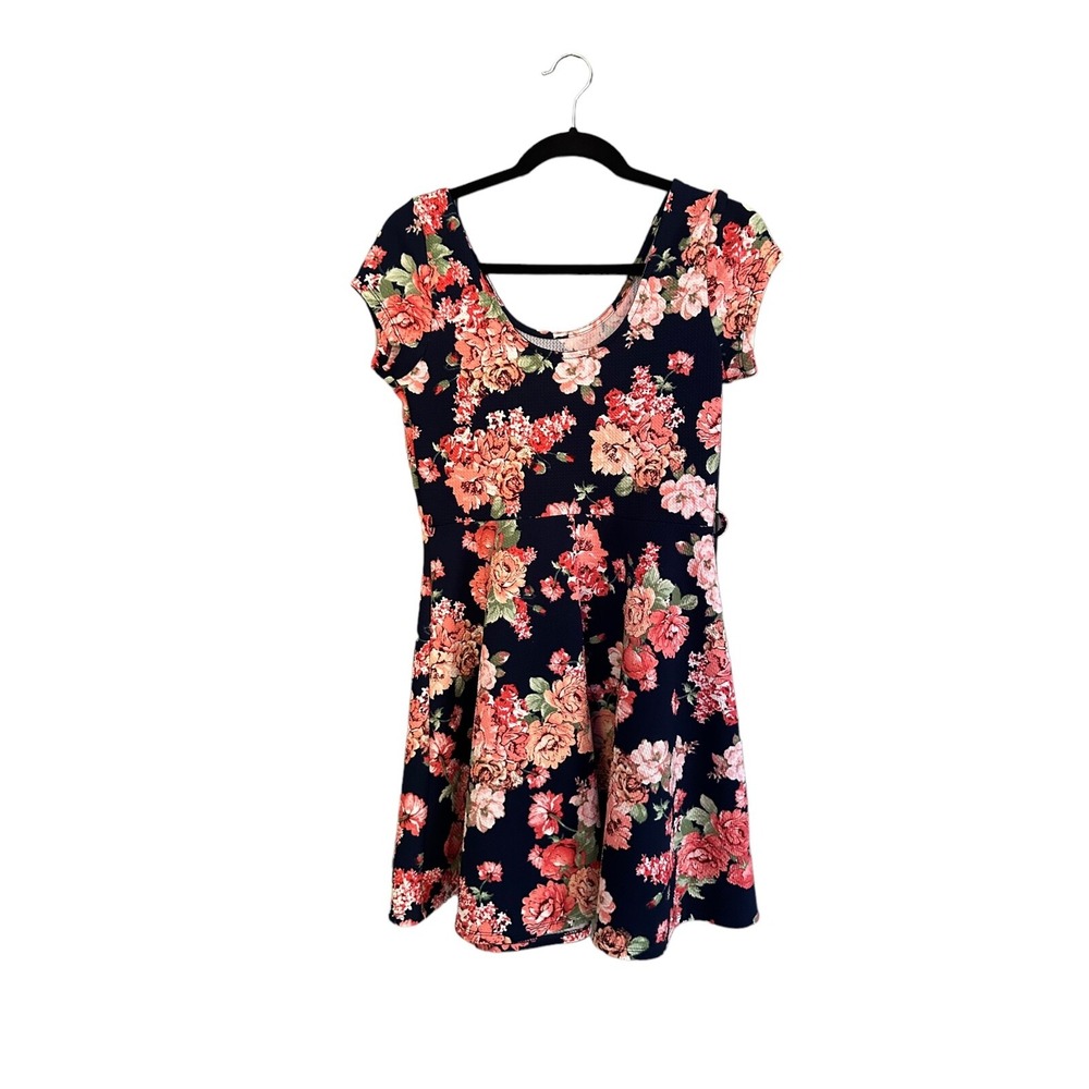 Floral Skater Dress Iris Size Womens XL Navy Blue and Pink Flowers